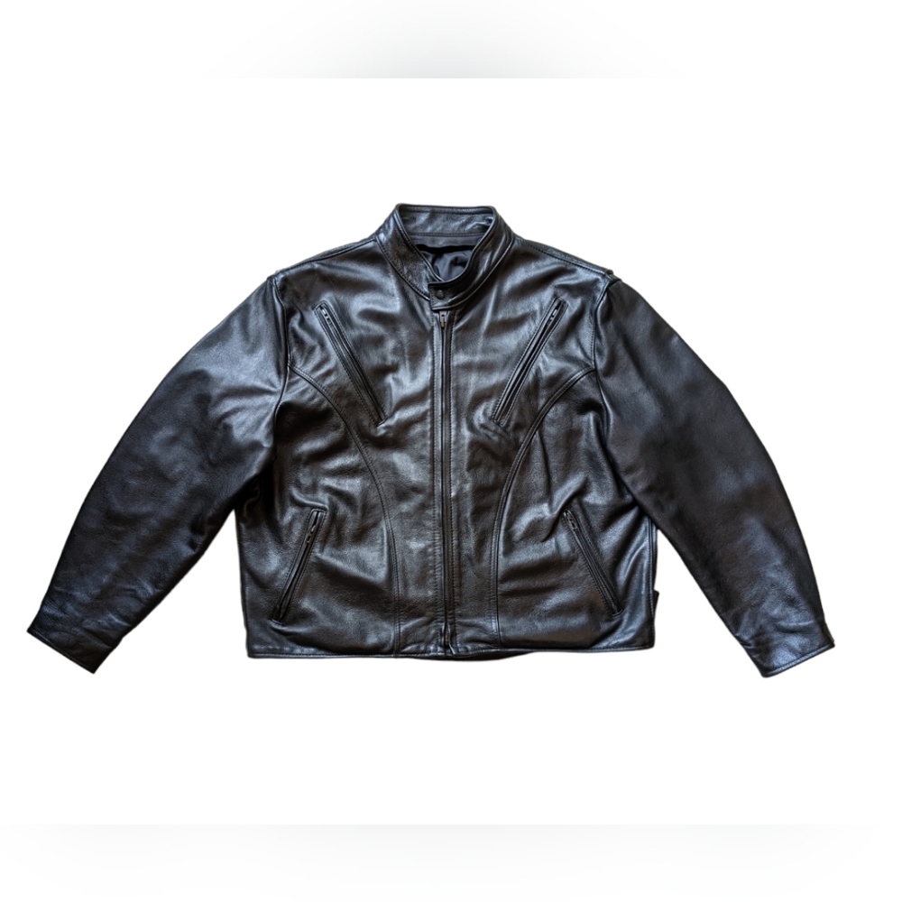 Black Leather Motorcycle Jacket Zippered Riding Jacket Mens Moto Jacket 2XL